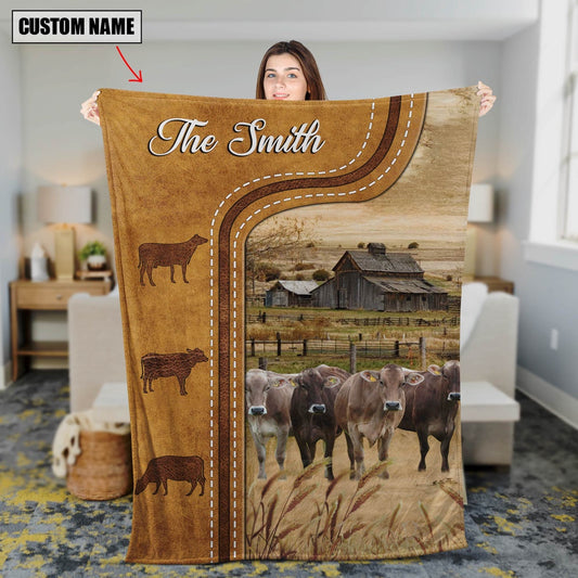 Personalized Brown Swiss Cattle In Field Farmhouse Blanket, Farm Blanket, Farm Animal Blanket