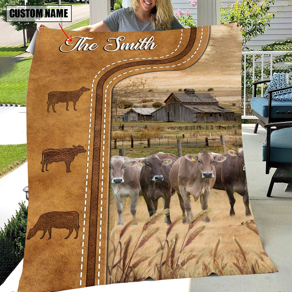 Personalized Brown Swiss Cattle In Field Farmhouse Blanket, Farm Blanket, Farm Animal Blanket