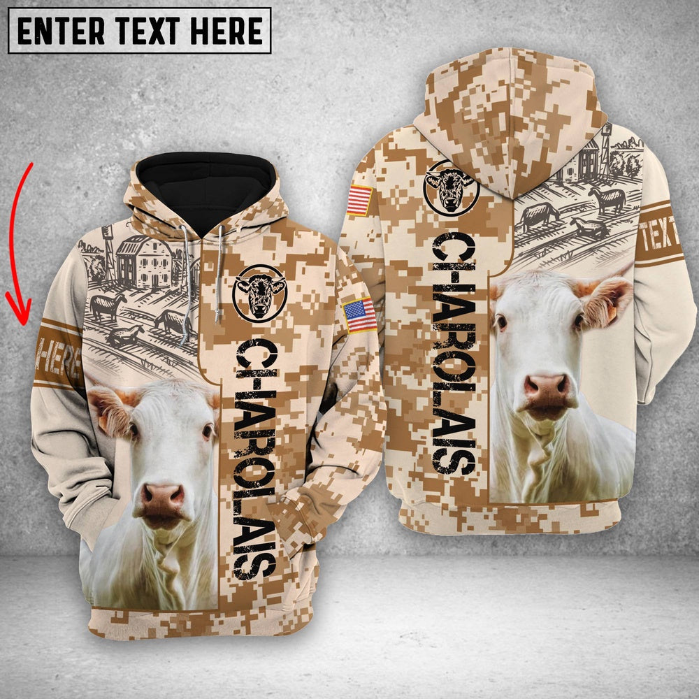 Personalized Charolais Brown Camo All Printed 3D Shirt, Farmer Hoodie, Custom Farm Shirts, Farmer T Shirt