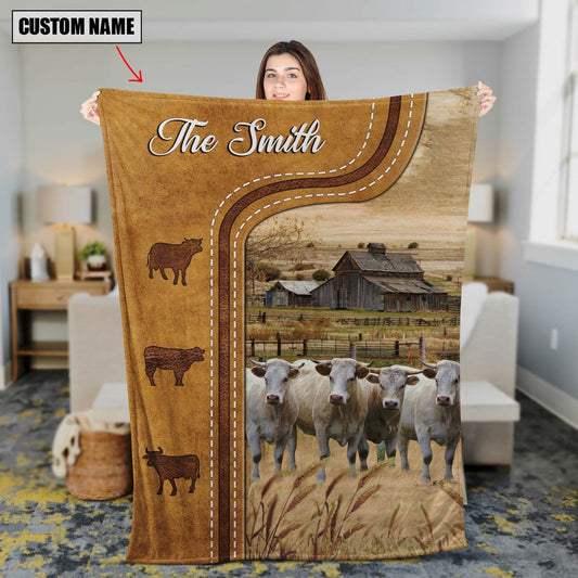 Personalized Charolais Cattle In Field Farmhouse Blanket, Farm Blanket, Farm Animal Blanket