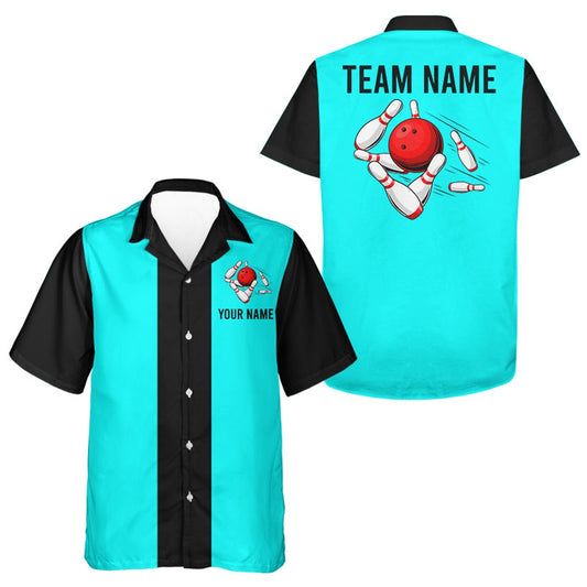 Personalized Cyan Blueand Black Retro Bowling Hawaiian Shirts, Custom Vintage Team Button Up Shirts, Bowling Team Hawaiian