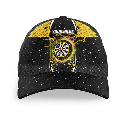 Personalized Dart Board Fire Flame Yellow Darts Caps For Player Custom Name Darts Hats, Darts Team Cap Hats