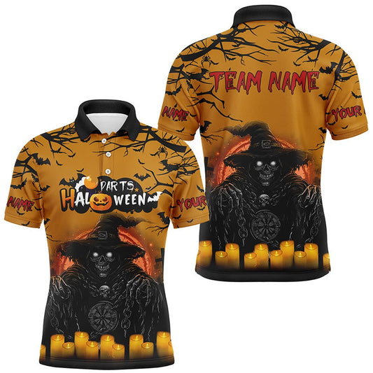 Personalized Death Skeleton Halloween Men Darts Shirts, Funny Halloween Shirts For Darts Lover, Darts Team Polo Shirt