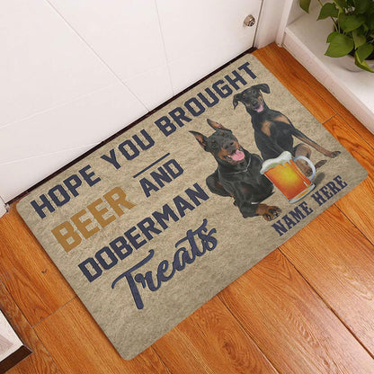 Personalized Dobermann Welcome Doormat, Brought Beer And Dobermann Treat Welcome Doormat, Custom Name Pets Home Decor Door Mat