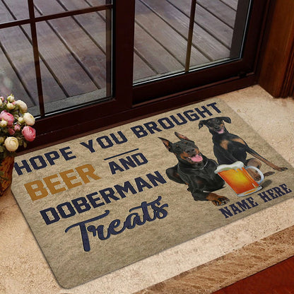 Personalized Dobermann Welcome Doormat, Brought Beer And Dobermann Treat Welcome Doormat, Custom Name Pets Home Decor Door Mat