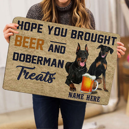 Personalized Dobermann Welcome Doormat, Brought Beer And Dobermann Treat Welcome Doormat, Custom Name Pets Home Decor Door Mat