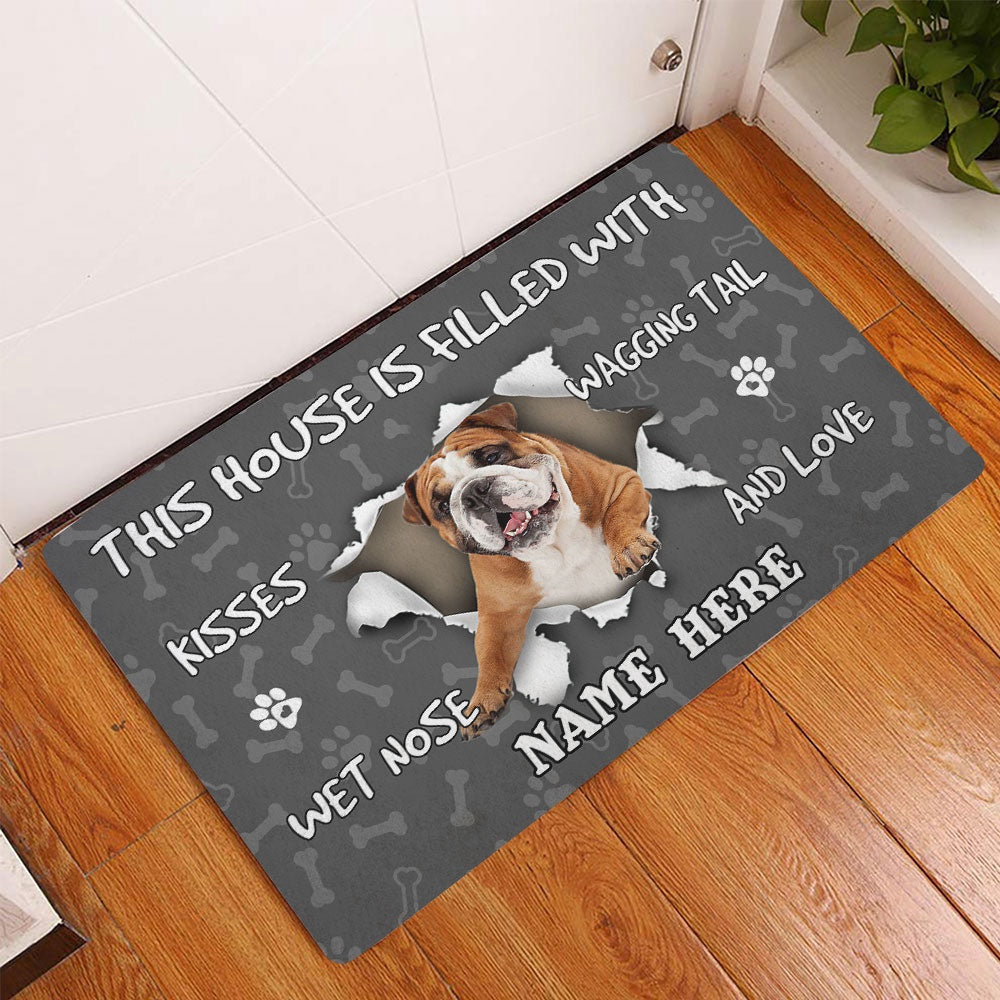 Personalized English Bulldog Welcome Doormat, English Bulldog dog lover pawprint grey Welcome Doormat, Custom Name Pets Home Decor Door Mat