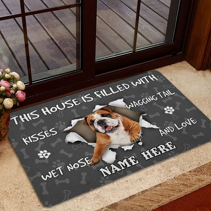 Personalized English Bulldog Welcome Doormat, English Bulldog dog lover pawprint grey Welcome Doormat, Custom Name Pets Home Decor Door Mat