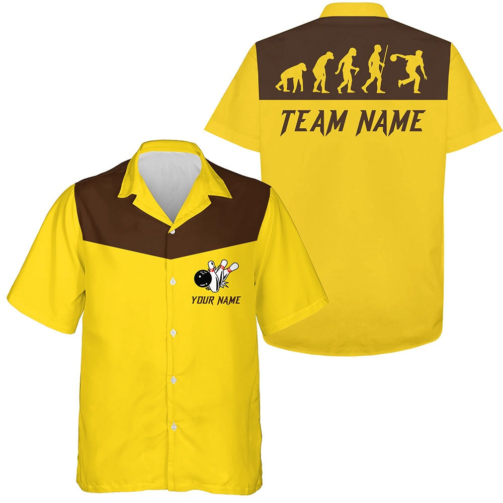 Personalized Evolution Bowling Hawaiian Shirts, Custom Retro Bowling Team Button Up Shirts Yellow, Bowling Team Hawaiian