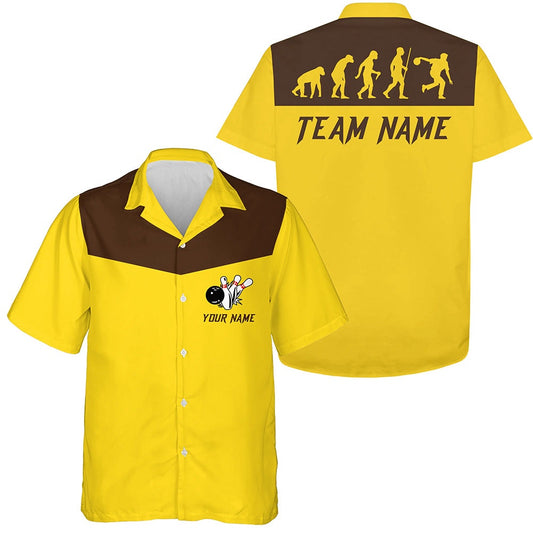 Personalized Evolution Bowling Hawaiian Shirts, Custom Retro Bowling Team Button Up Shirts Yellow, Bowling Team Hawaiian