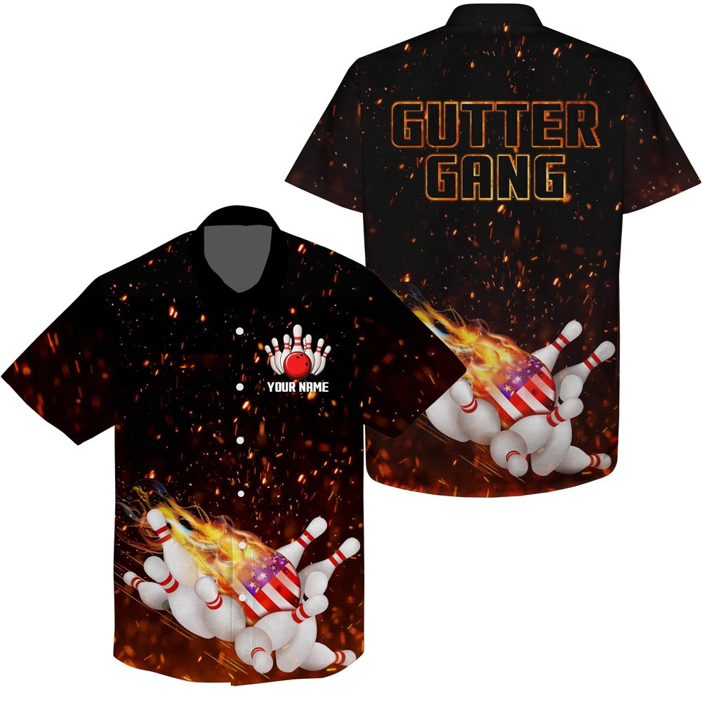 Personalized Flame American Flag Bowling Hawaiian Shirt, Custom Gutter Gang Team Bowling Shirts, Bowling Team Hawaiian