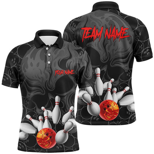 Personalized Flame Skull Men Bowling Polo Shirts Skull Bowling Team Polo Halloween Outfits, Bowling Team Shirts