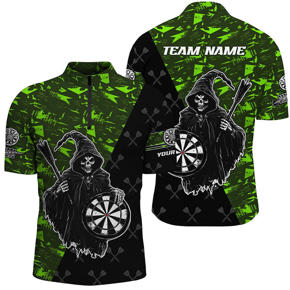 Personalized Green Abstract Death Skeleton Men Darts Shirts, Funny Halloween Scary Darts Jersey, Darts Team Jersey Shirt