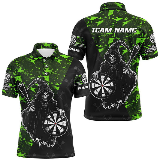 Personalized Green Abstract Death Skeleton Men Darts Shirts, Funny Halloween Scary Darts Polo, Darts Team Polo Shirt