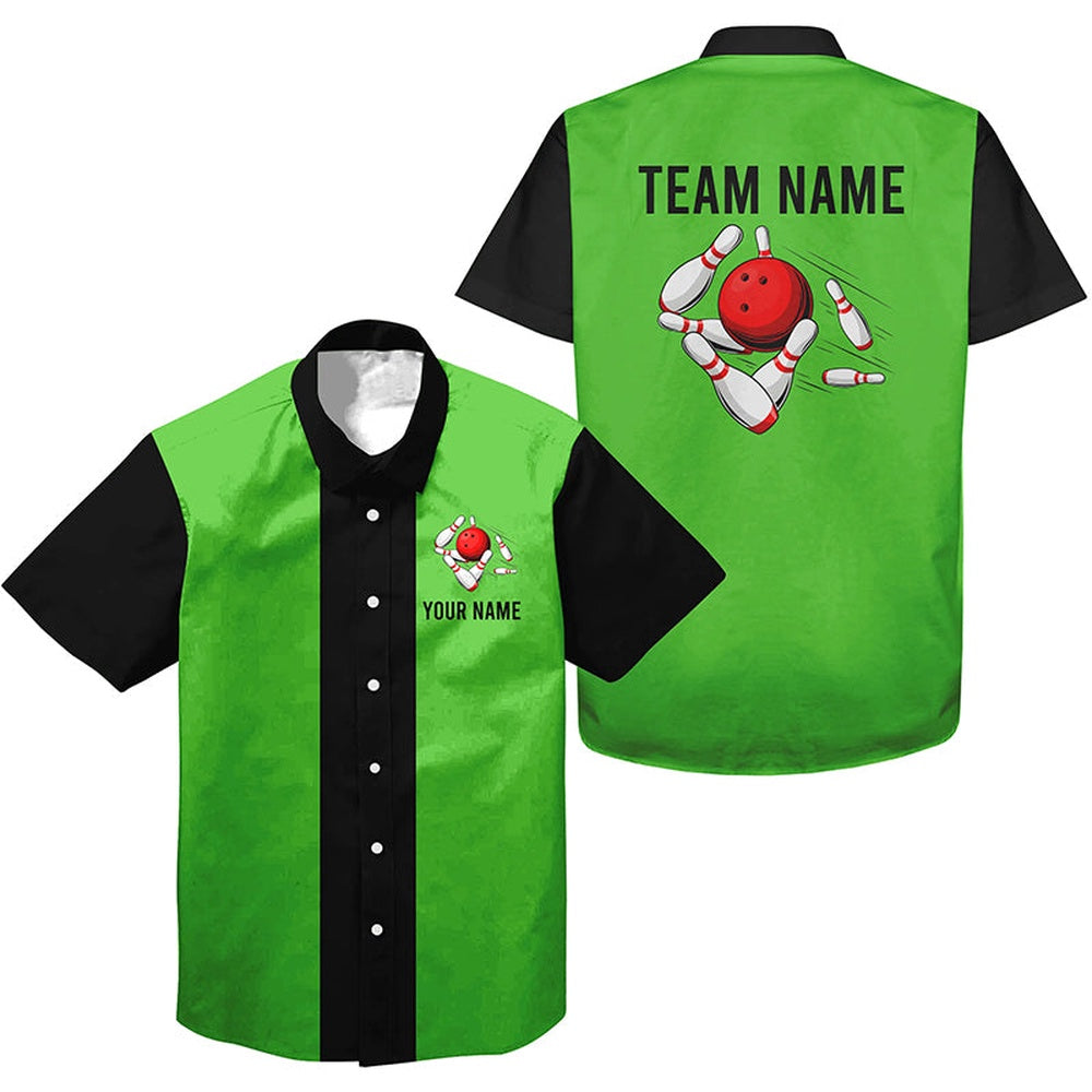 Personalized Greenblack Retro Bowling Hawaiian Shirts, Custom Vintage Team Button Up Shirts, Bowling Team Hawaiian