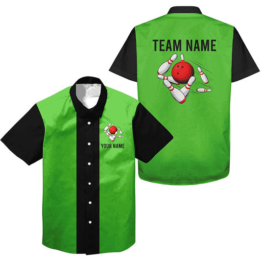Personalized Greenblack Retro Bowling Hawaiian Shirts, Custom Vintage Team Button Up Shirts, Bowling Team Hawaiian