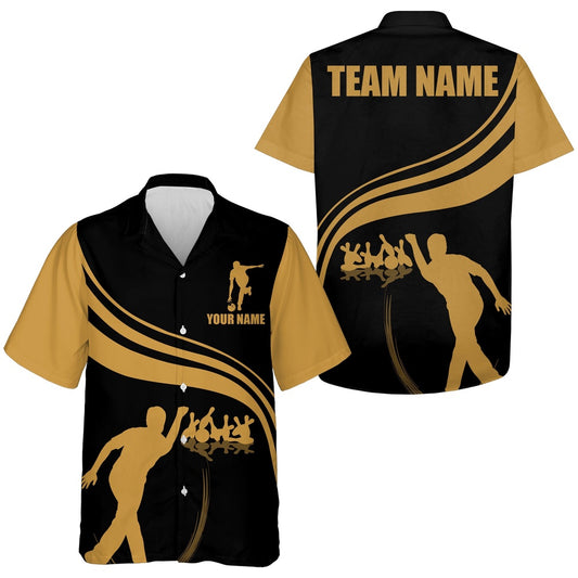 Personalized Hawaiian Bowling Shirt Black And Gold Bowlers, Custom Team Short Sleeves Hawaiianr, Bowling Team Hawaiian