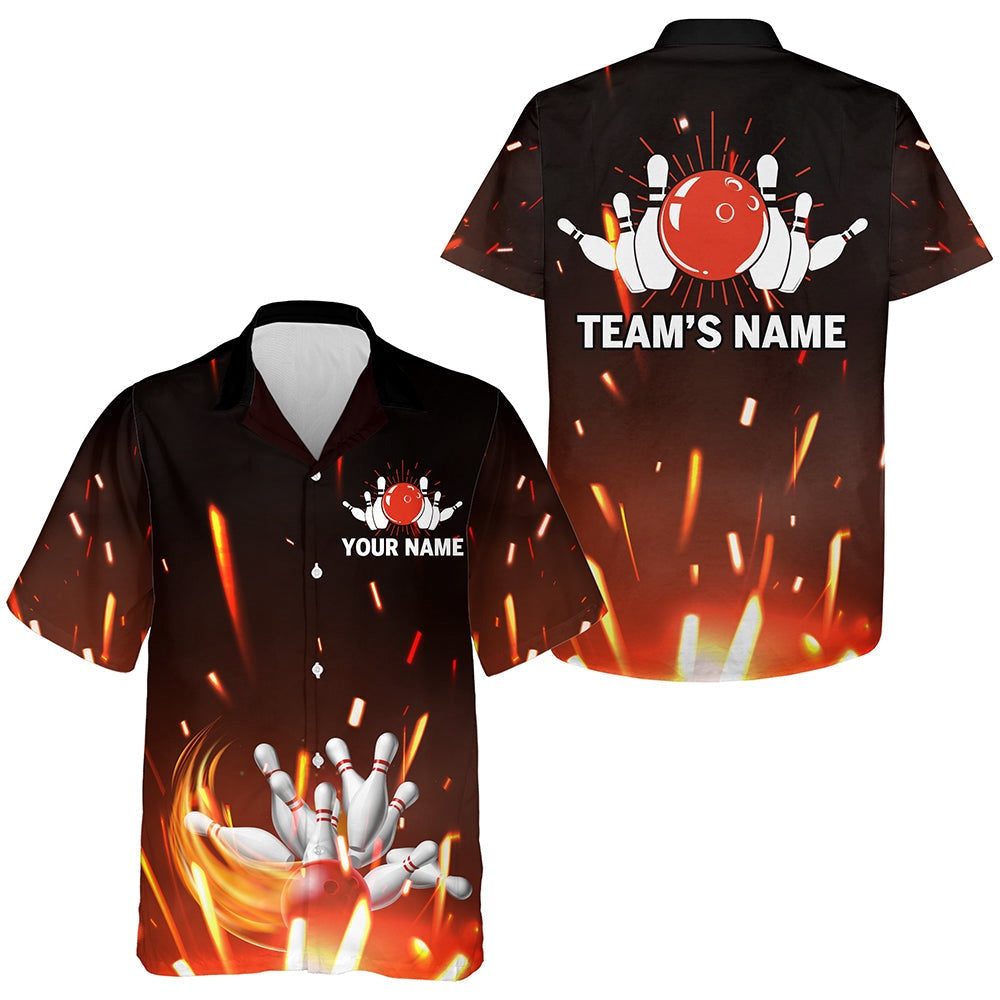 Personalized Hawaiian Bowling Shirt Flame Bowling Ball And Pins Short Sleeve Team Bowlers Hawaiian, Bowling Team Hawaiian