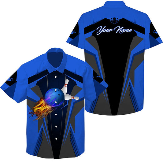 Personalized Hawaiian Bowling Shirts Flame Bowling Ball And Pins, Bowling Shirt For Men Bowlers Blue, Bowling Team Hawaiian