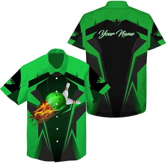 Personalized Hawaiian Bowling Shirts Flame Bowling Ball And Pins, Bowling Shirt For Men Bowlers Green, Bowling Team Hawaiian