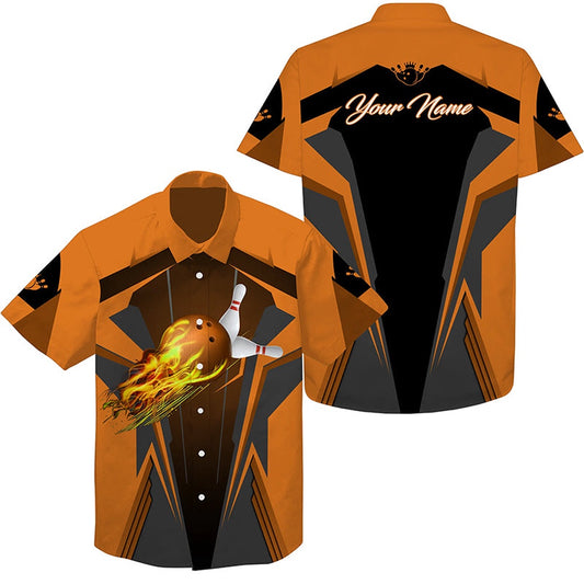 Personalized Hawaiian Bowling Shirts Flame Bowling Ball And Pins, Bowling Shirt For Men Bowlers Orange, Bowling Team Hawaiian