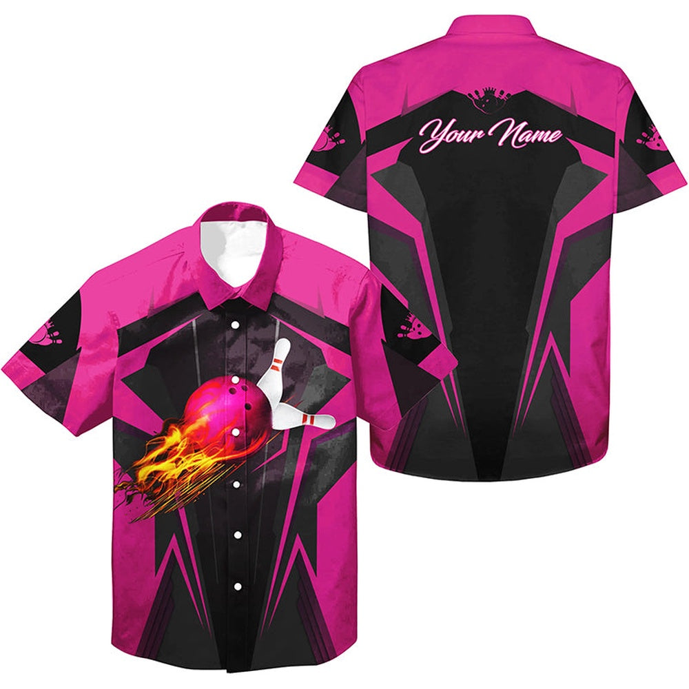 Personalized Hawaiian Bowling Shirts Flame Bowling Ball And Pins, Bowling Shirt For Men Bowlers Pink, Bowling Team Hawaiian