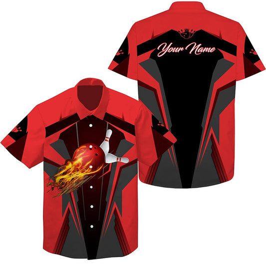 Personalized Hawaiian Bowling Shirts Flame Bowling Ball And Pins, Bowling Shirt For Men Bowlers Red, Bowling Team Hawaiian