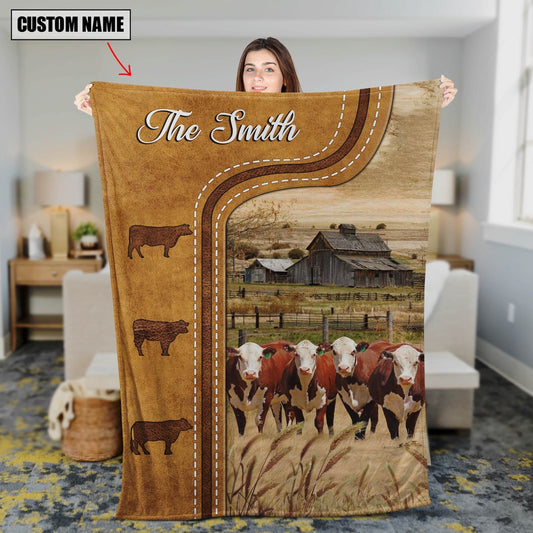 Personalized Hereford Cattle In Field Farmhouse Blanket, Farm Blanket, Farm Animal Blanket