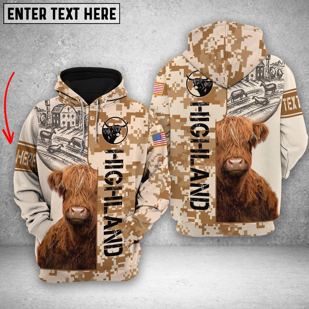 Personalized Highland Brown Camo All Printed 3D Shirt_6278, Farmer Hoodie, Custom Farm Shirts, Farmer T Shirt
