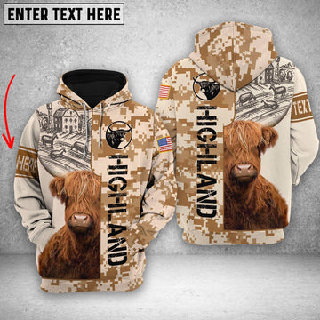 Personalized Highland Brown Camo All Printed 3D Shirt, Farmer Hoodie, Custom Farm Shirts, Farmer T Shirt