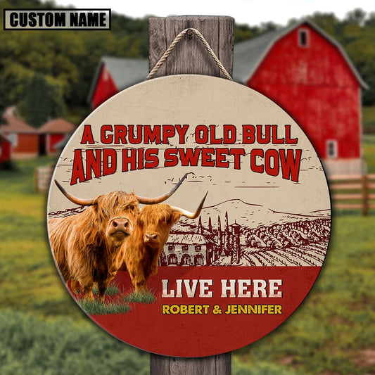 Personalized Highland Cattle Grumpy Old Bull And His Sweet Cow Wooden Sign, Farm Wood Sign, Farm House Wood Signs