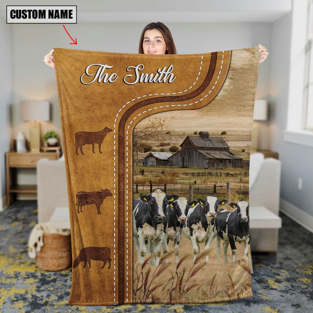 Personalized Holstein Cattle In Field Farmhouse Blanket, Farm Blanket, Farm Animal Blanket