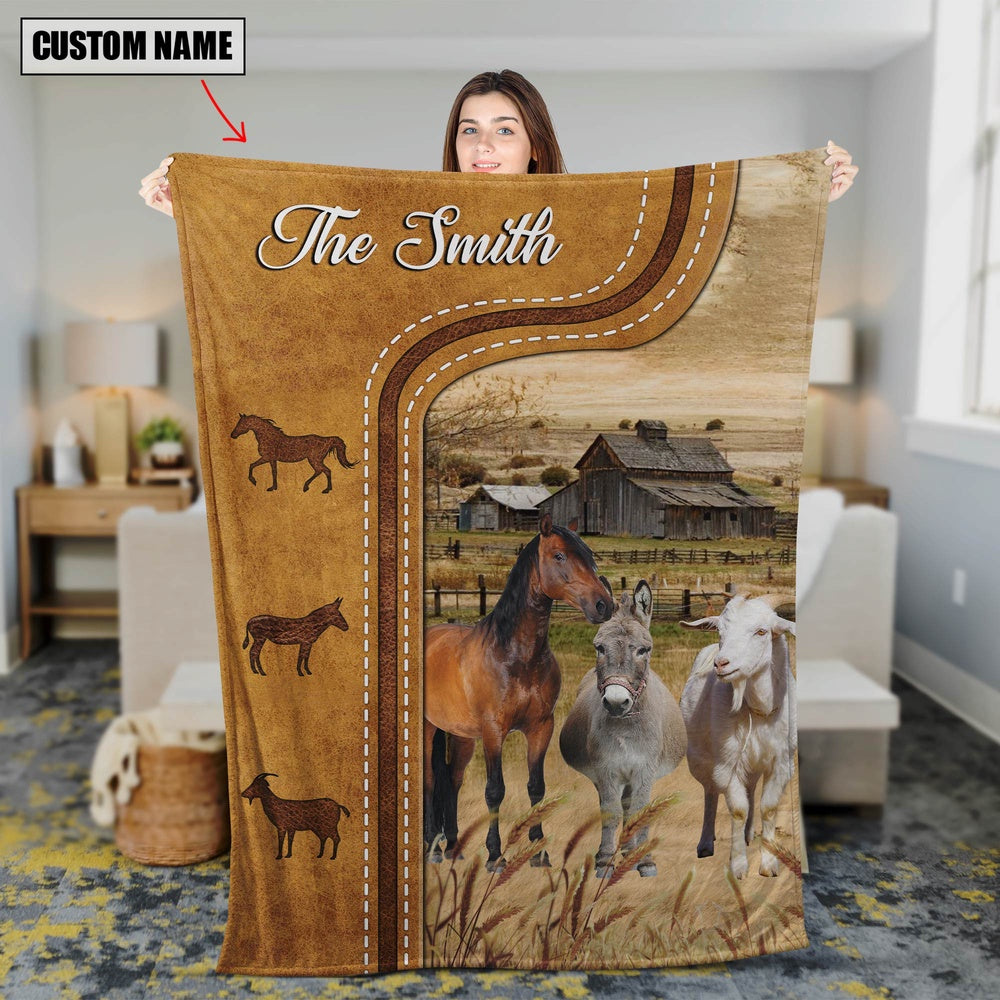 Personalized Horse, Donkey and Goat In Field Farmhouse Blanket, Farm Blanket, Farm Animal Blanket