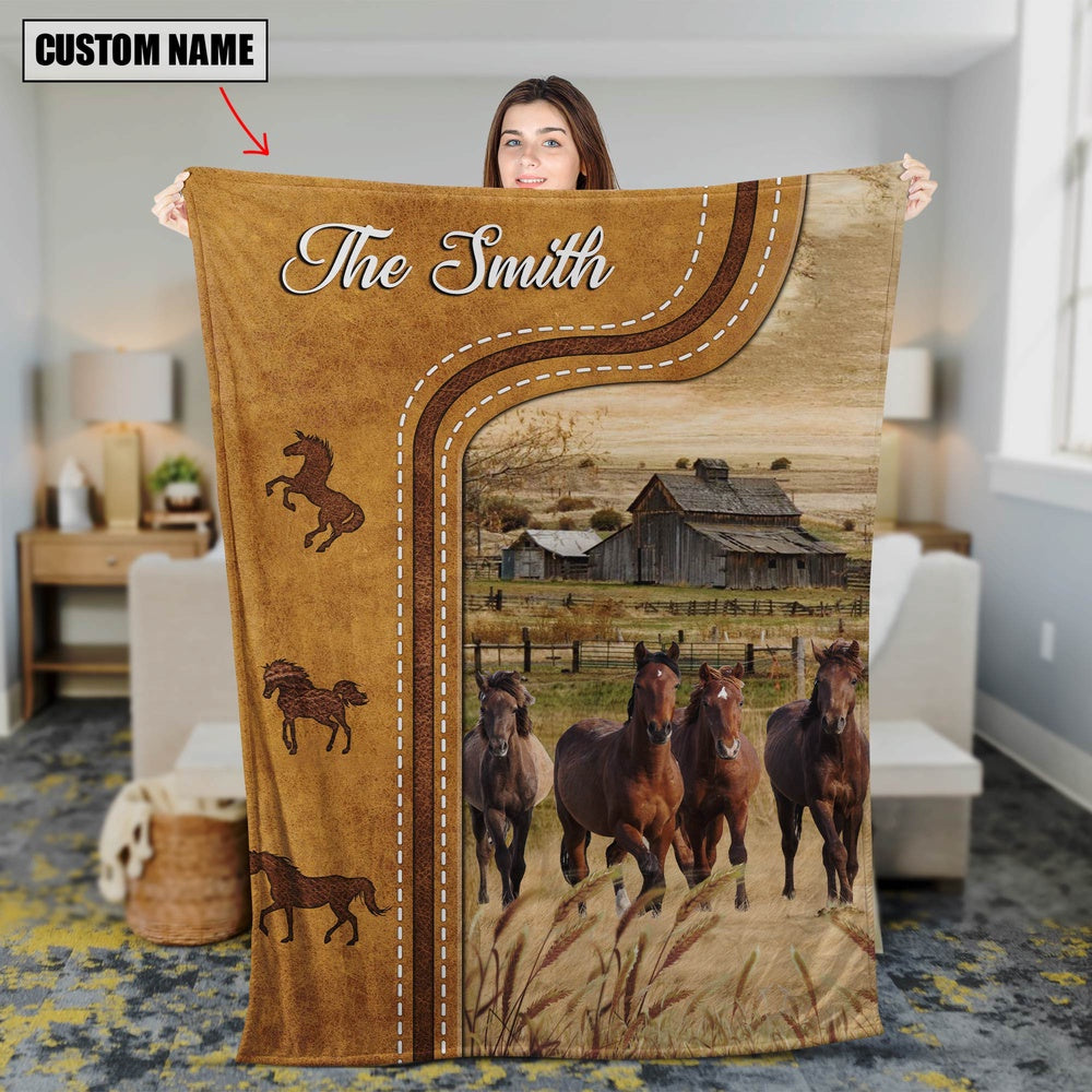 Personalized Horse In Field Farmhouse Blanket, Farm Blanket, Farm Animal Blanket