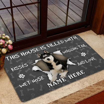 Personalized Husky Welcome Doormat, Husky dog pet lover pawprint grey Welcome Doormat, Custom Name Pets Home Decor Door Mat