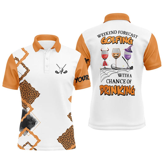 Personalized Leopard Halloween Mens Golf Polo Shirts Weekend Forecast Golfing With Chance Of Drinking, Golf Polo Shirts