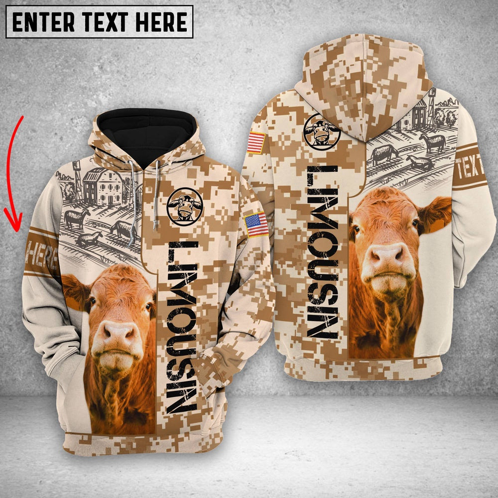 Personalized Limousin Brown Camo All Printed 3D Shirt, Farmer Hoodie, Custom Farm Shirts, Farmer T Shirt