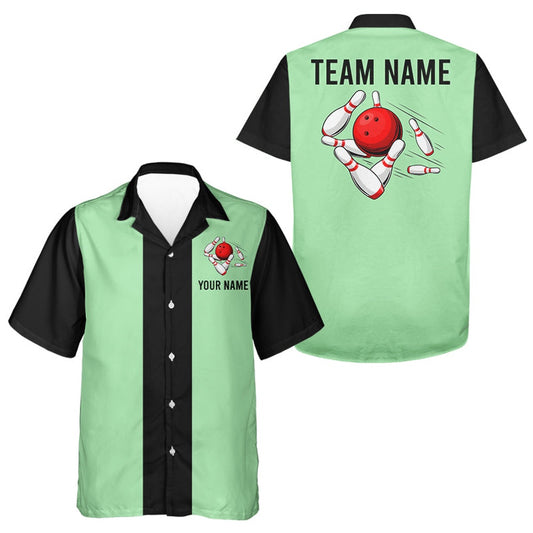 Personalized Mint Greenand Black Retro Bowling Hawaiian Shirts, Custom Vintage Team Button Up Shirts, Bowling Team Hawaiian
