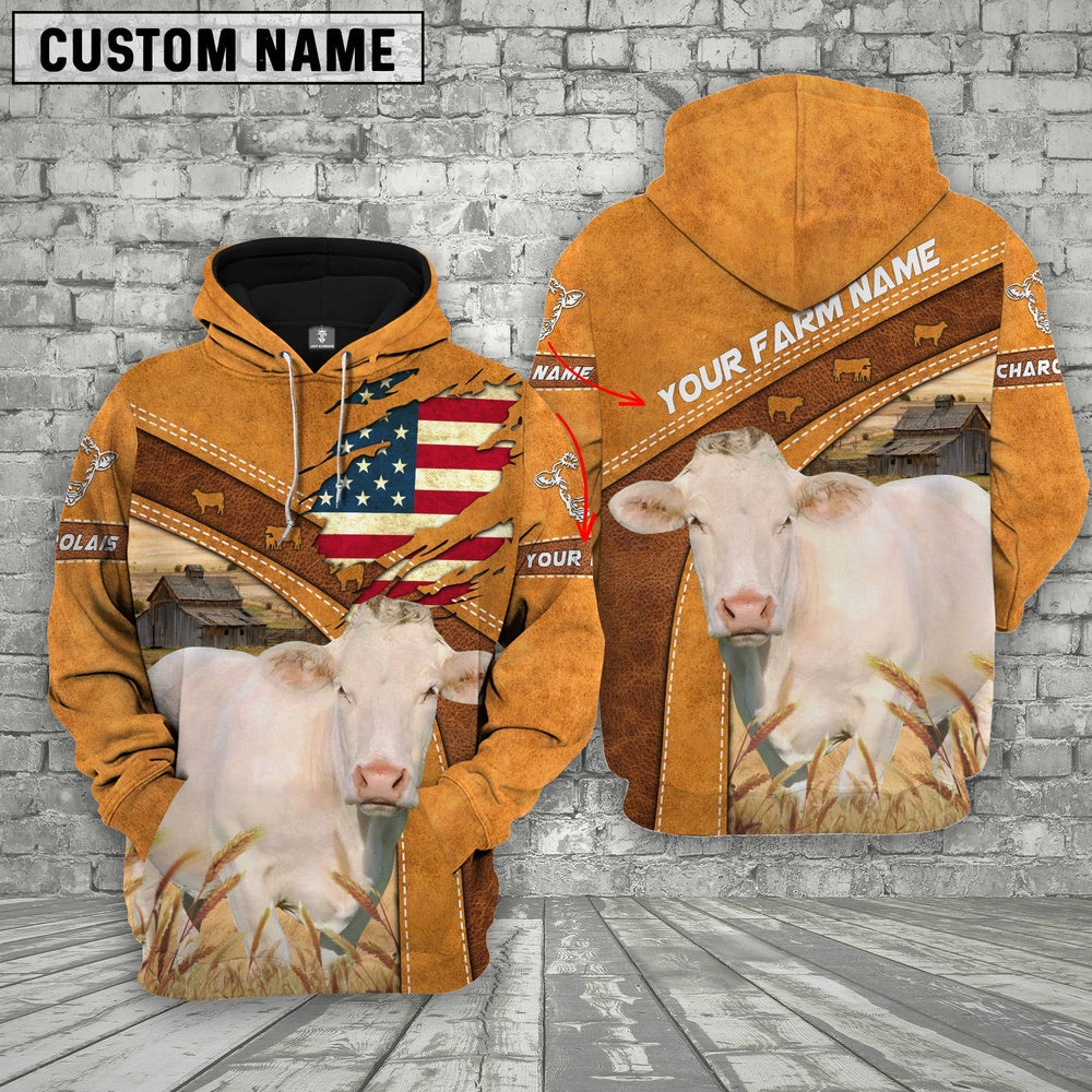 Personalized Name 3D Charolais Flag Hoodie, Farmer Hoodie, Custom Farm Shirts, Farmer T Shirt