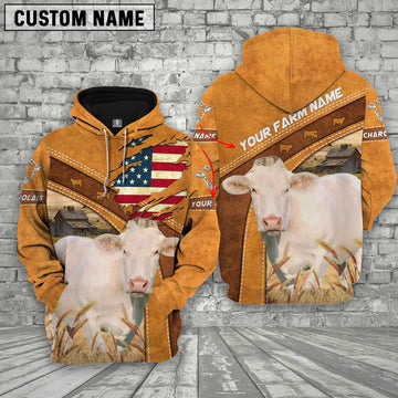 Personalized Name 3D Charolais Flag Hoodie, Farmer Hoodie, Custom Farm Shirts, Farmer T Shirt