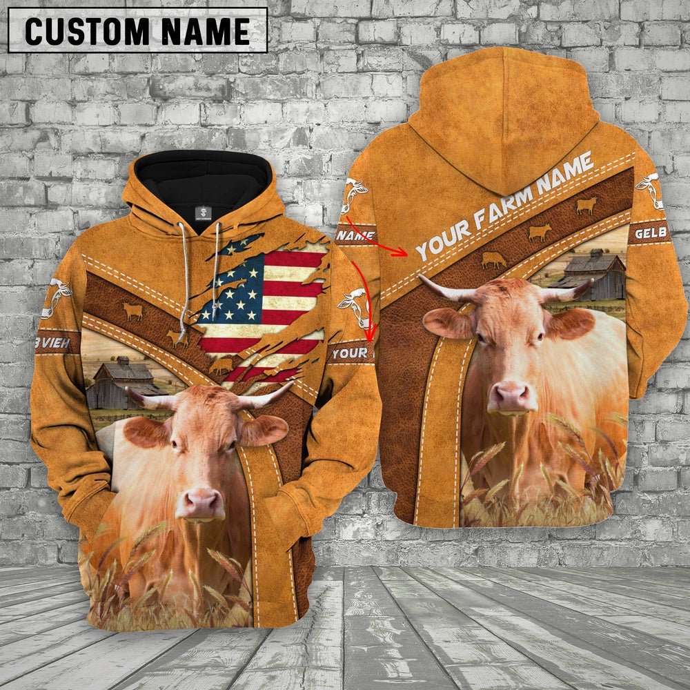 Personalized Name 3D Gelbvieh Flag Hoodie, Farmer Hoodie, Custom Farm Shirts, Farmer T Shirt