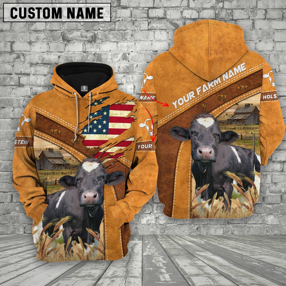 Personalized Name 3D Holstein On Farm Flag Hoodie, Farmer Hoodie, Custom Farm Shirts, Farmer T Shirt