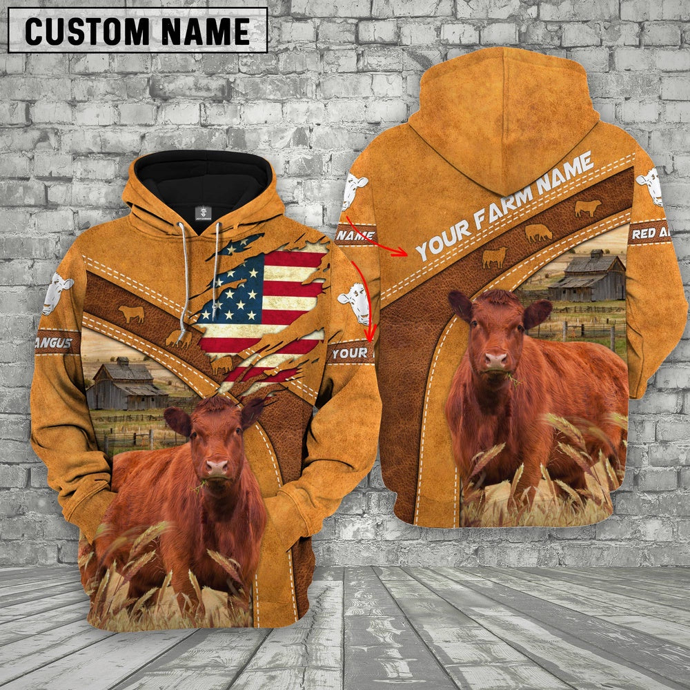 Personalized Name 3D Red Angus Flag Hoodie, Farmer Hoodie, Custom Farm Shirts, Farmer T Shirt