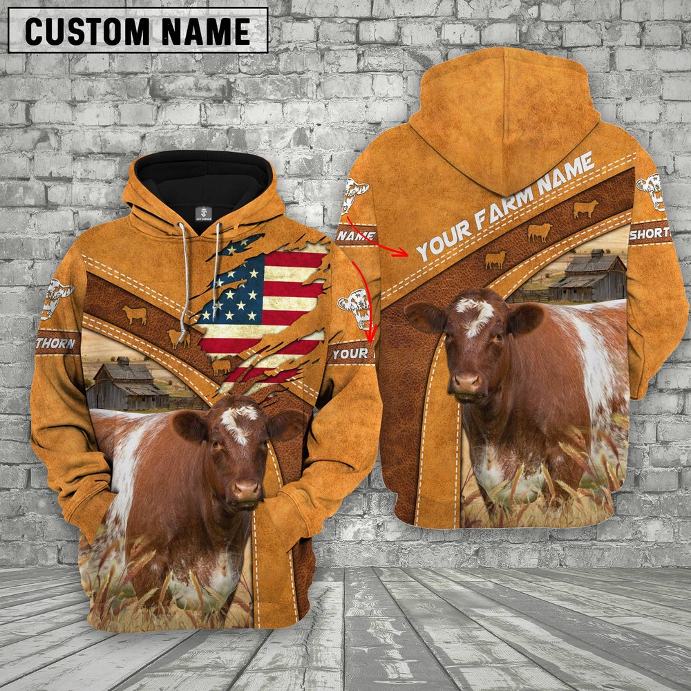 Personalized Name 3D Shorthorn Flag Hoodie, Farmer Hoodie, Custom Farm Shirts, Farmer T Shirt