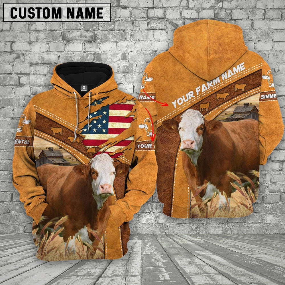 Personalized Name 3D Simmental Flag Hoodie, Farmer Hoodie, Custom Farm Shirts, Farmer T Shirt