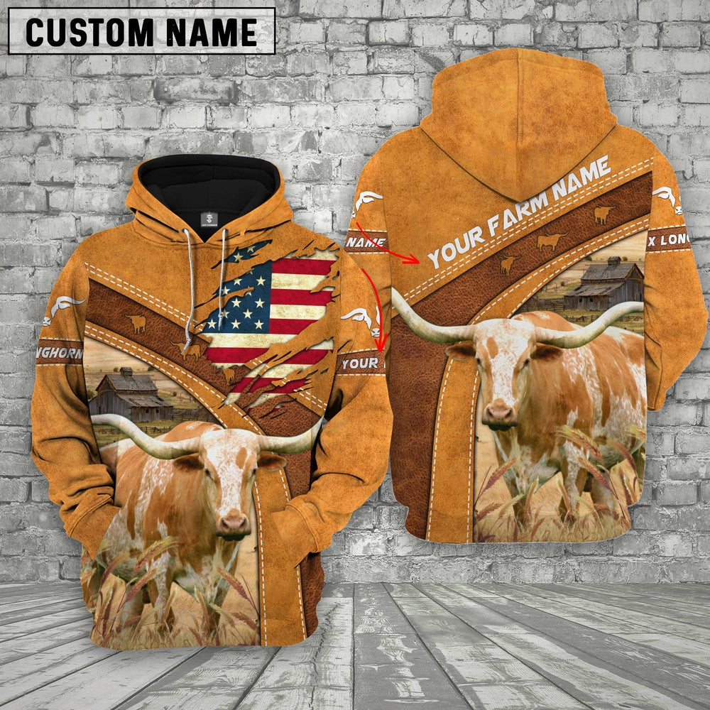 Personalized Name 3D Texas Longhorn Flag Hoodie, Farmer Hoodie, Custom Farm Shirts, Farmer T Shirt