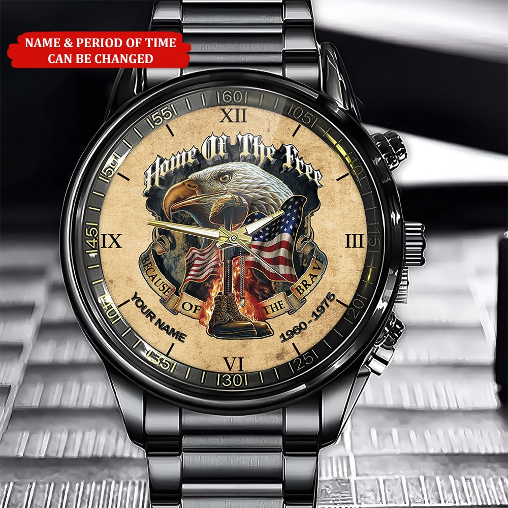 Personalized Name And Time Home Of The Free Because Of The Brave Printed Veteran Watch, Military Watch, Military Watches For Men, Fathers Watches