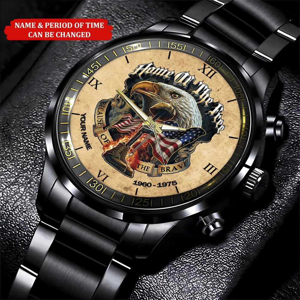 Personalized Name And Time Home Of The Free Because Of The Brave Printed Veteran Watch, Military Watch, Military Watches For Men, Fathers Watches
