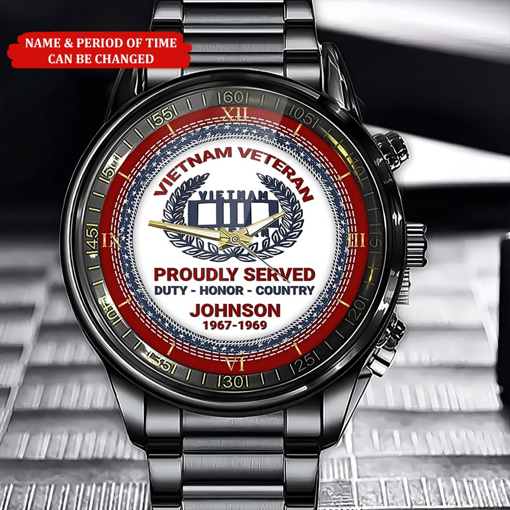 Personalized Name And Time Proudly Served Blue Red Flag Printed Veteran Watch, Vietnam Veteran Watch, Military Watch, Military Watches For Men