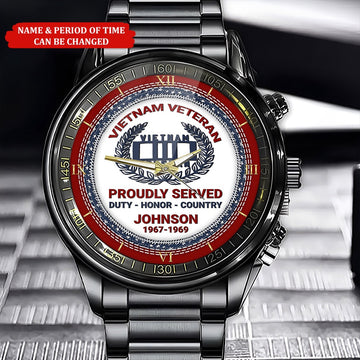 Personalized Name And Time Proudly Served Blue Red Flag Printed Veteran Watch, Vietnam Veteran Watch, Military Watch, Military Watches For Men